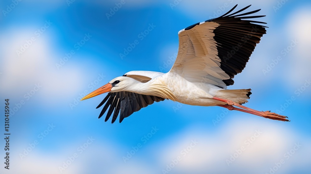 Obraz premium Majestic white stork gliding gracefully through a vibrant blue sky