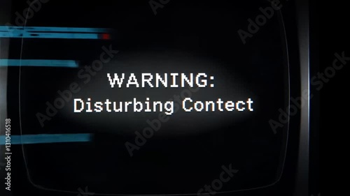 Warning disturbing content viewer discretion is advised animated sign concept TV black screen. 4K footage download