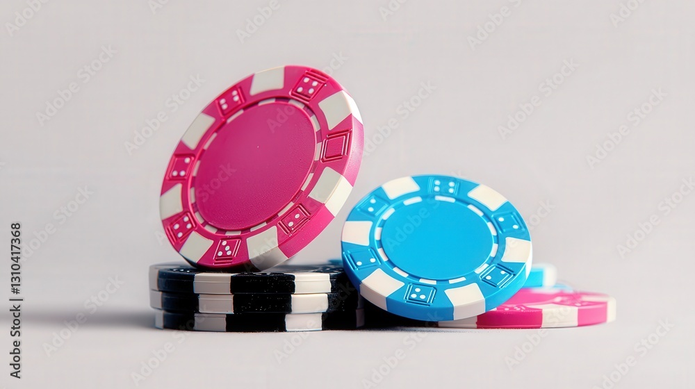 Pink and blue casino chips stacked on black and white chips. Pink and blue casino chips stacked on black and white chips.