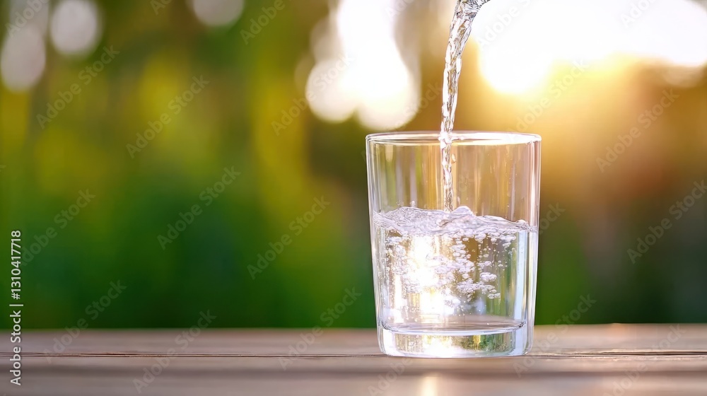 Pouring fresh water into a clear glass with a soothing green backdrop Pouring fresh water into a clear glass with a soothing green backdrop