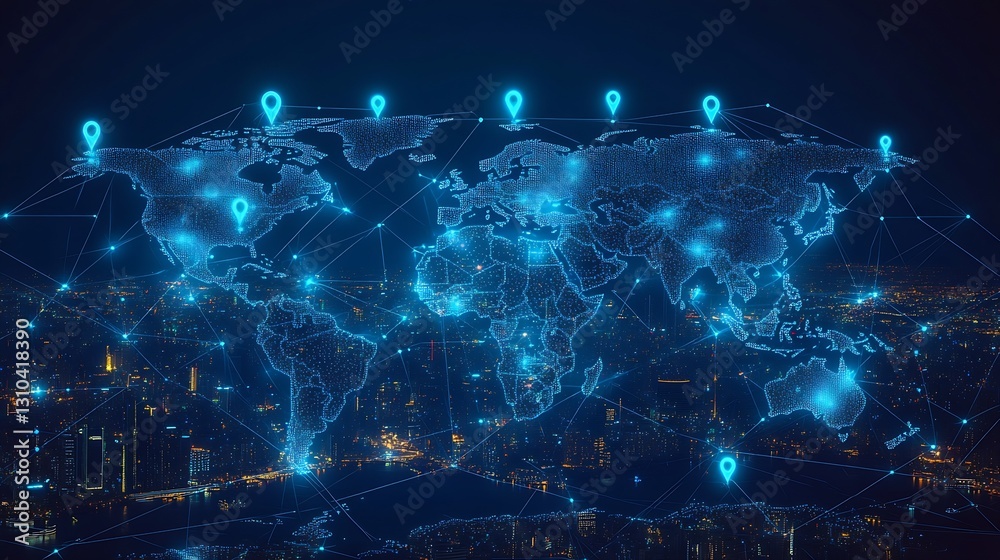 Fototapeta premium Futuristic digital world map illustration with glowing network connections highlighting global communication : Generative AI