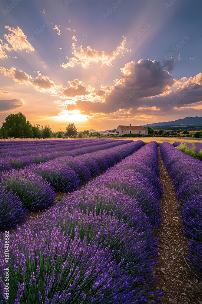 Obraz premium A serene lavender field basks in the golden glow of sunset, where vibrant purple rows meet a picturesque farmhouse under dramatic clouds.