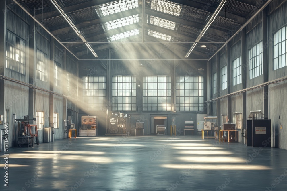 Obraz premium Sunlight Streaming Through Windows in an Empty Industrial Warehouse Interior
