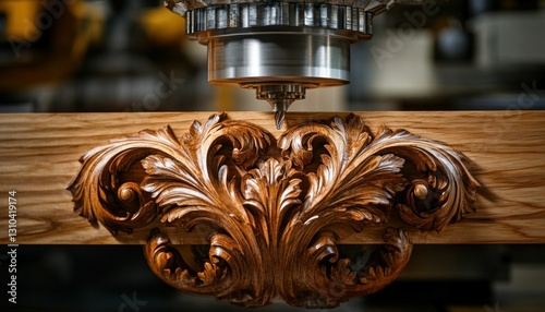 Intricate Wood Carving Detail Created by CNC Machine in a Workshop Setting