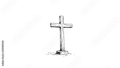 Vintage sketch of a wooden cross on a grave  