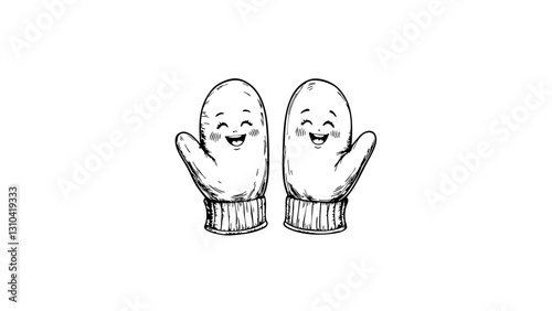 Vintage sketch of cheerful mittens with smiling faces  