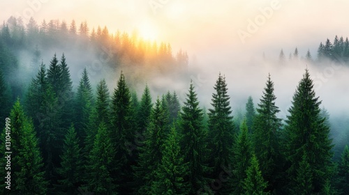 Mist envelops a fir forest at dawn, creating a vintage atmosphere