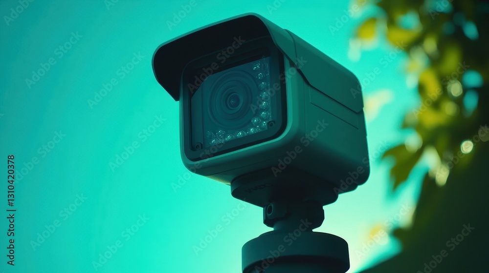 A security camera with a waterproof casing placed on a dark teal background. A security camera with a waterproof casing placed on a dark teal background.