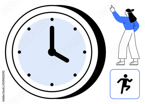 Analog clock with bold hands, a woman gesturing forward in activewear, and a running figure symbol. Ideal for time management, productivity, goal-setting, health, fitness focus balance. Flat simple