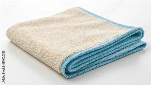 Beige Towel with Light Blue Border on White Background