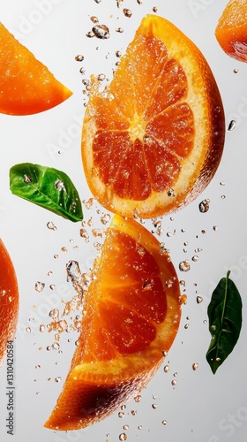 Falling Orange Slices and Leaves in Sparkling Water
