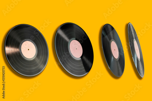 Floating vinyl records in perspective on a yellow background