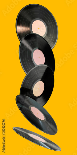 Stack of floating vinyl records on a yellow background