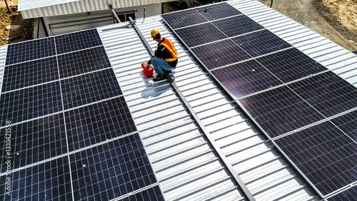 A worker wearing safety gear installing solar panels on a rooftop with nearby housing units in the background, emphasizing renewable energy, sustainability, and efficient solar power implementation