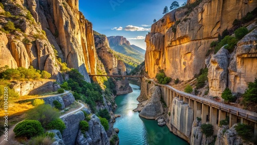 Dramatic Low Light View of El Chorro Gorge, Caminito del Rey Footpath & Railway Tracks, Andalucia, Spain