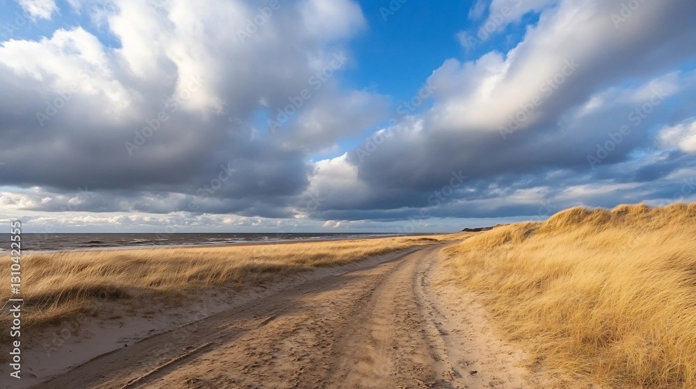 Coastal path, dunes, cloudy sky, beach Coastal path, dunes, cloudy sky, beach