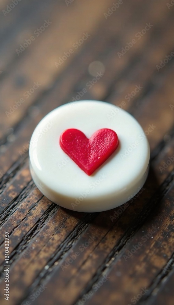 Fototapeta premium A tiny white button with a cute and simple red heart symbol embossed on it, red heart, heart symbol, minimalist