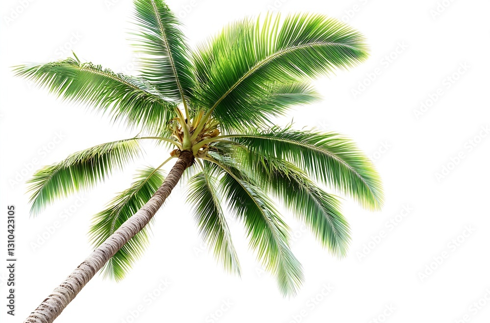 Obraz premium Lush green palm tree viewed from below against a bright white background : Generative AI