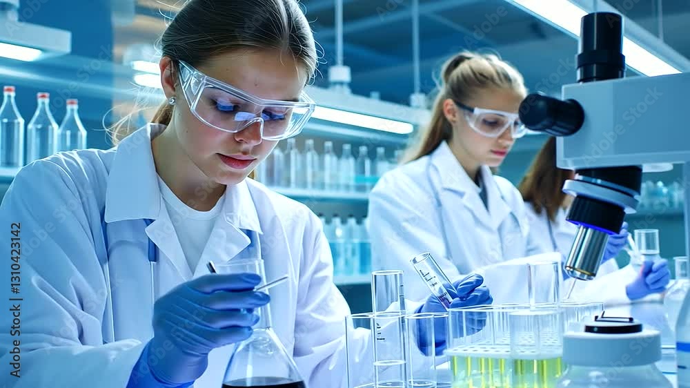 Female scientists conducting experiments in a cutting-edge microbiology and biotechnology laboratory.