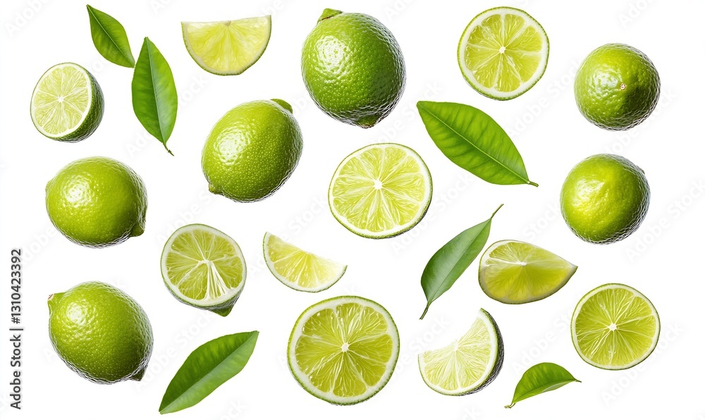 Freshly Cut Limes and Leaves Arranged Artistically on a White Surface : Generative AI Freshly Cut Limes and Leaves Arranged Artistically on a White Surface : Generative AI