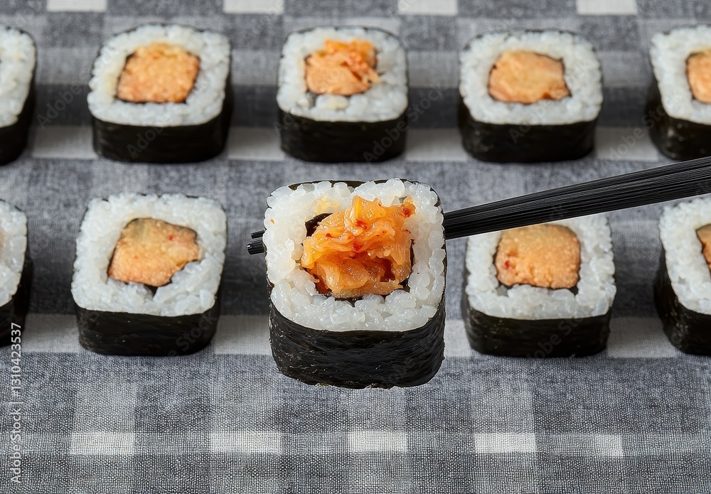 Close-up of Hand Holding Sushi Roll with Salmon Filling Ready to Eat on Gray Plaid Background, Featuring Delicious Japanese Cuisine Experience Close-up of Hand Holding Sushi Roll with Salmon Filling Ready to Eat on Gray Plaid Background, Featuring Delicious Japanese Cuisine Experience