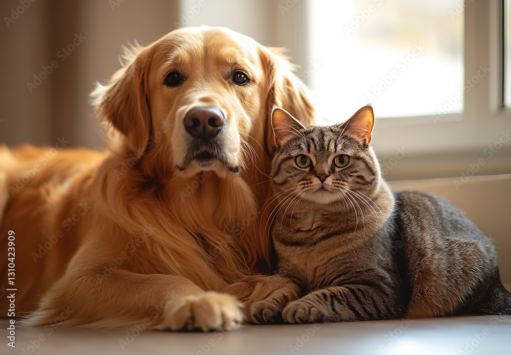 Golden retriever and striped tabby cat enjoying a sunny moment together indoors : Generative AI Golden retriever and striped tabby cat enjoying a sunny moment together indoors : Generative AI