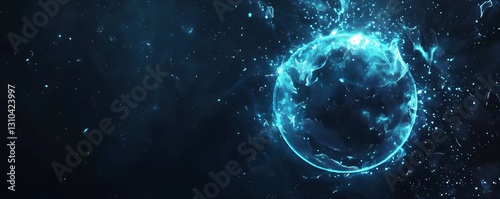 Futuristic blue planet surrounded by sparkling particles in a cosmic dreamscape imagined with technology : Generative AI