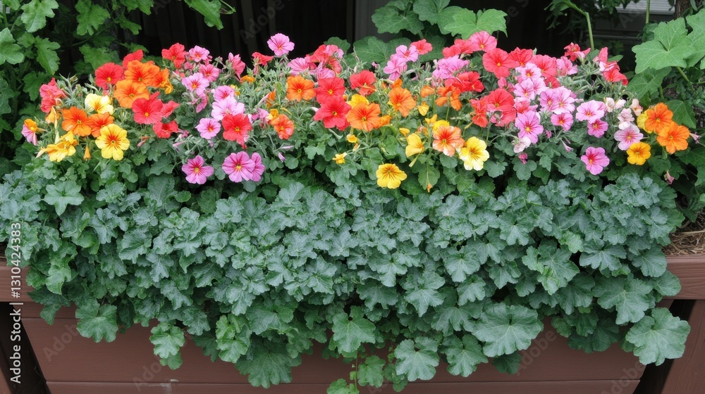 Naklejka premium A top-down shot of an ornamental flower basket with bright geraniums and cascading greenery.