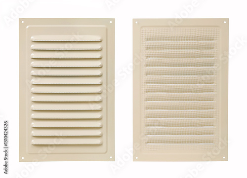 Ventilation grate isolated on a white background. Rectangular shape. Material aluminum. Color beige. Front and back side.