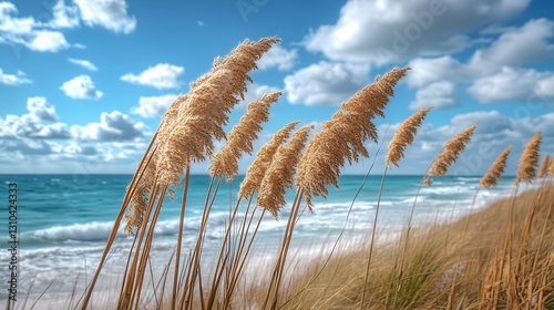 Peaceful existence of sand dunes and lush beach grass by ocean, showcasing vibrant coastal plants, golden beaches, and interconnectedness of land and sea photo