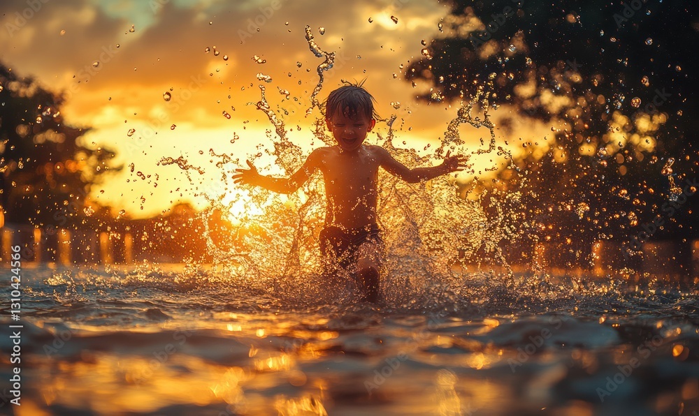 Joyful Child Splashing Water at Sunset in Outdoor Pool During Summer Evening Fun