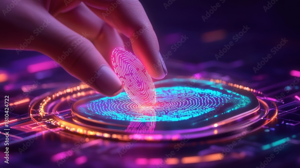 Obraz premium Futuristic Fingerprint Scanner Neon Biometric Authentication Technology