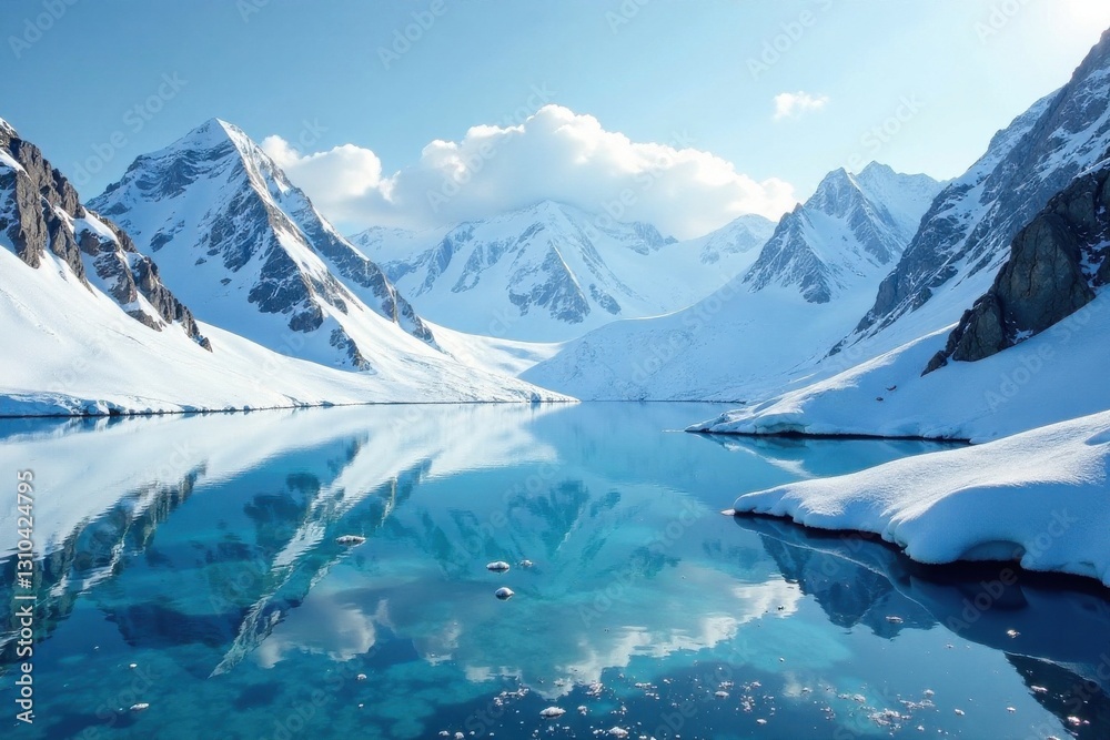 Arctic landscape with snow-capped mountains and frozen lake , lake, ice, mountain Arctic landscape with snow-capped mountains and frozen lake , lake, ice, mountain