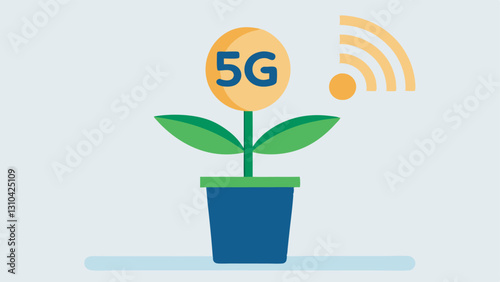 Investment Plant A plant growing from a pot shaped like a stack of coins with 5G signals as leaves portraying how investment in 5G leads to flourishing industries.