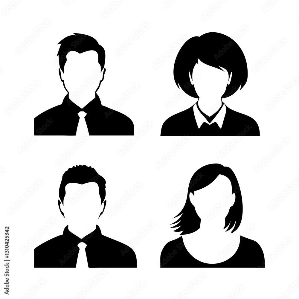 Silhouette portraits of four individuals with different hairstyles and clothing. These portraits capture anonymous and representational essence of people, vector bundle collection illustration
