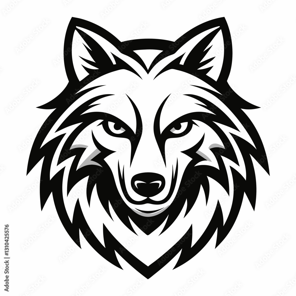 a stylized black and white illustration of a wolf's mascot head. The wolf's intense gaze and detailed fur create a striking image. vector illustration a stylized black and white illustration of a wolf's mascot head. The wolf's intense gaze and detailed fur create a striking image. vector illustration