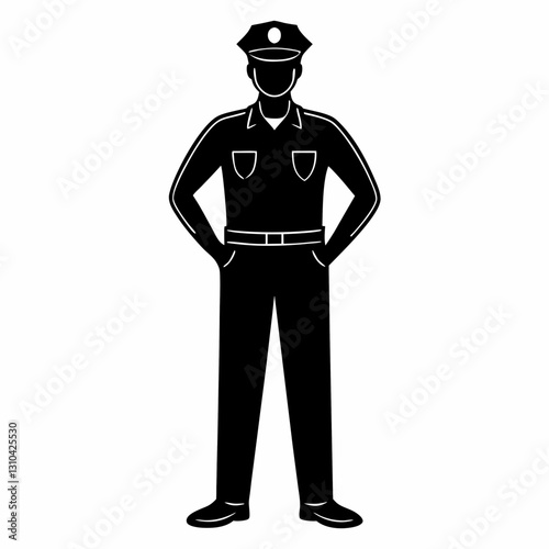 a silhouette of a police officer standing in a formal pose with hands on hips, vector illustration