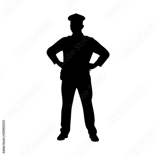 a silhouette of a police officer, standing with their hands on their hips and wearing uniform vector illustration