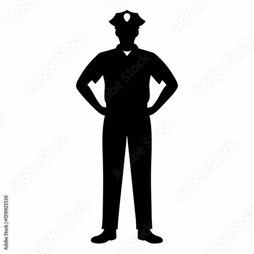 a silhouette of a police officer standing tall with his hands on his hips, embodying authority and law enforcement. The officer is wearing a cap, shirt, and pants vector illustration