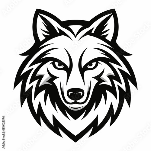 a stylized black and white illustration of a wolf's mascot head. The wolf's intense gaze and detailed fur create a striking image. vector illustration