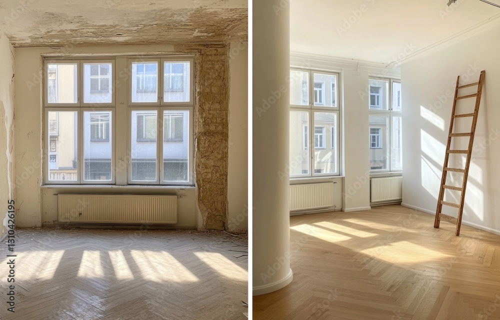 Fototapeta premium Before & after room renovation dilapidated to modern.