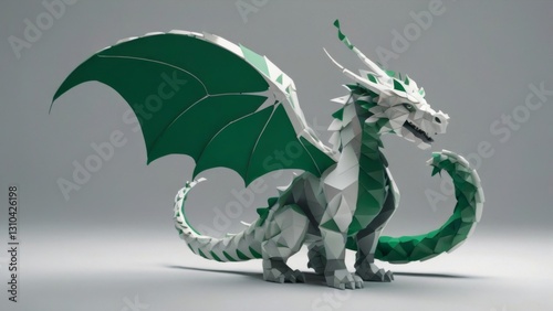 2D character: a dragon made of simple shapes (circles, triangles). Its wings are semicircles, and its tail is a spiral. It holds a tablet. Colors: white, gray, and accent green. Background: pure white