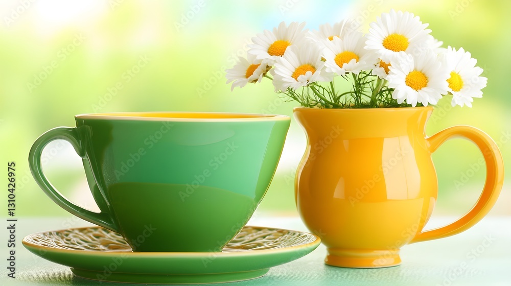 Vibrant Green Teacup and Yellow Pitcher with Daisies Vibrant Green Teacup and Yellow Pitcher with Daisies
