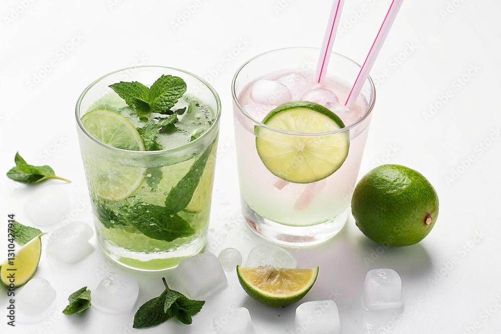 Two refreshing summer cocktails with lime, mint, and ice in glasses.