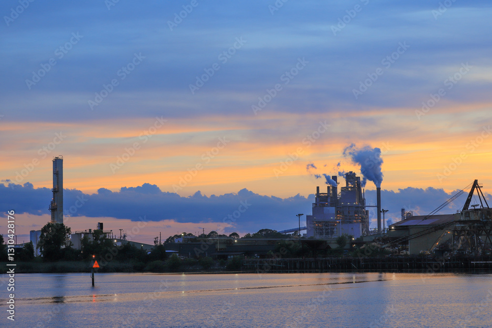 Fototapeta premium An expansive industrial factory complex at sunset, illuminated by the warm glow highlighting smokestacks releasing smoke against a vivid evening sky, showcasing industrial activity in harmony with nat