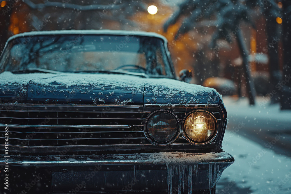 Fototapeta premium Vintage Car Covered in Snow on a Winter Evening with Soft Street Light Glow