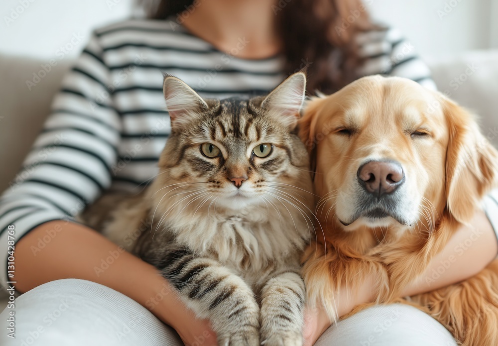Joyful moments shared between a cat and dog with their owner in a cozy indoor space : Generative AI Joyful moments shared between a cat and dog with their owner in a cozy indoor space : Generative AI