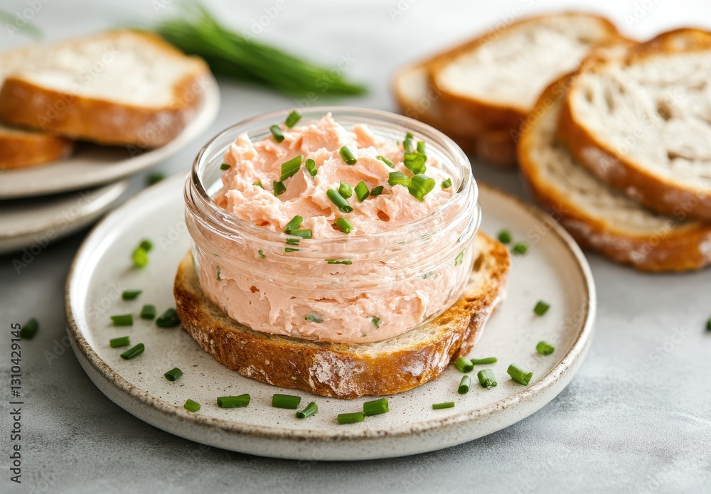 Creamy Salmon Spread with Chopped Chives Served on Toasted Bread Slices Fresh Ingredients for Appetizers or Snack Ideas in Bright Kitchen Setting Creamy Salmon Spread with Chopped Chives Served on Toasted Bread Slices Fresh Ingredients for Appetizers or Snack Ideas in Bright Kitchen Setting