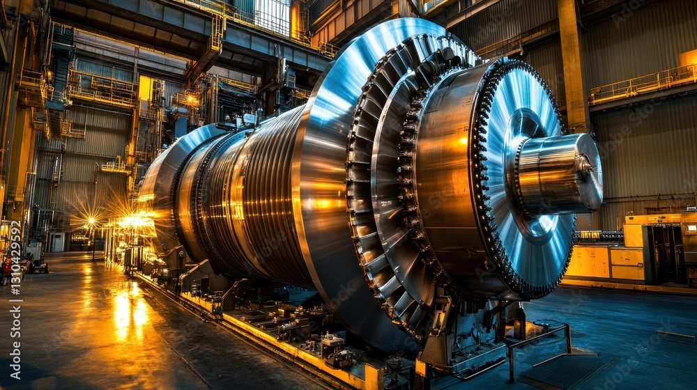 Industrial Turbine Engine in Manufacturing Facility Under Bright Workshop Lights Industrial Turbine Engine in Manufacturing Facility Under Bright Workshop Lights