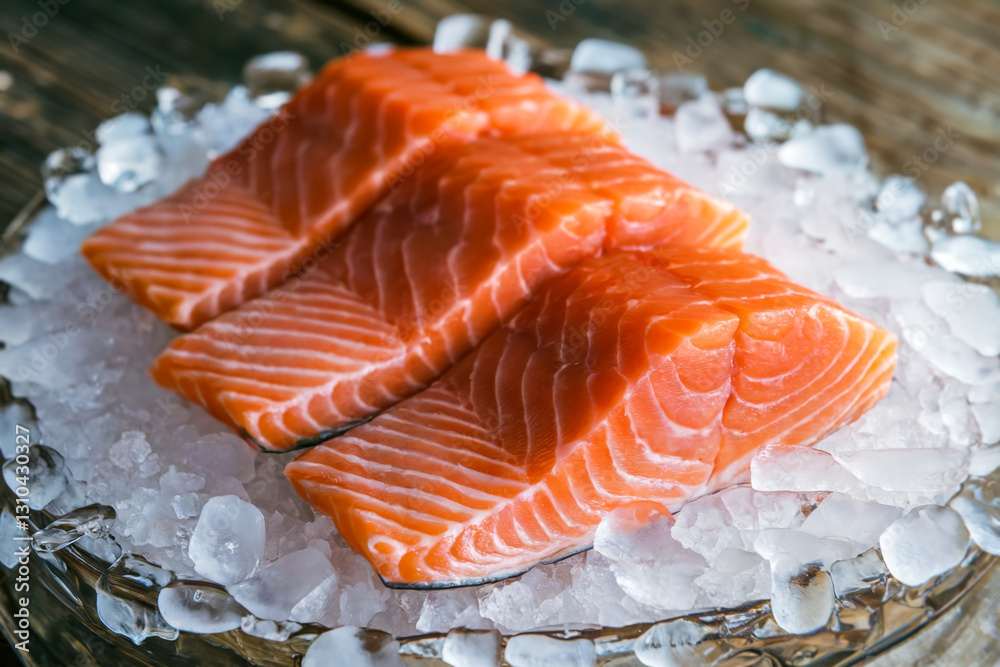 Fresh salmon slices are arranged on ice at fish market Fresh salmon slices are arranged on ice at fish market